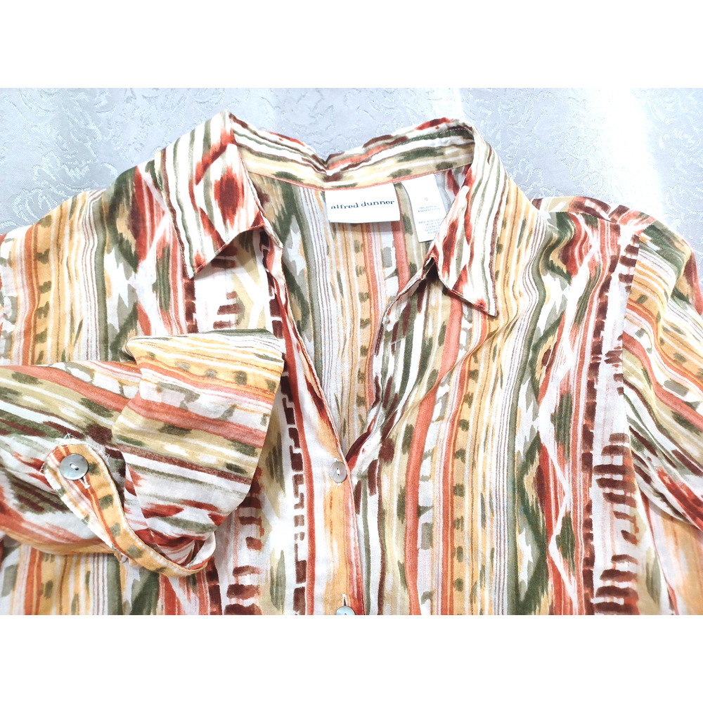 Alfred Dunner Womens Aztec Southwest Lightweight Blouse Sz 12 Roll Sleeve Cotton - Picture 6 of 12